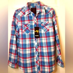 Great Fit! Women's Red, Torquise and White Long Sleeve Button Top